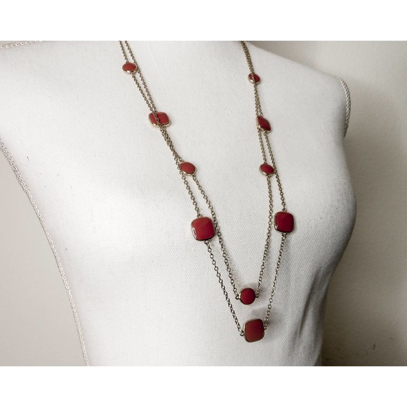 Long Coral Red Glass Bead double Strand Necklace , 32 Inch - Picture 3 of 9